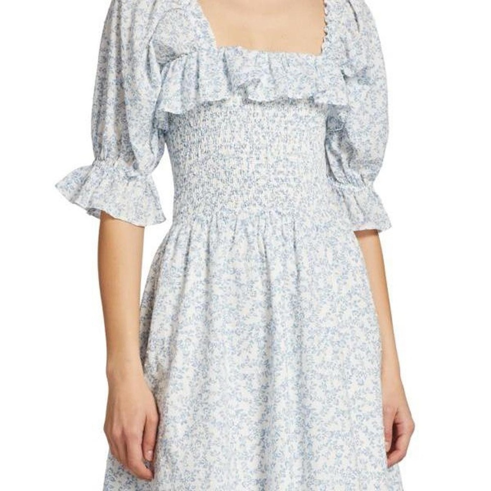 Wayf Blue and White Smocked Puff Sleeve Sundress